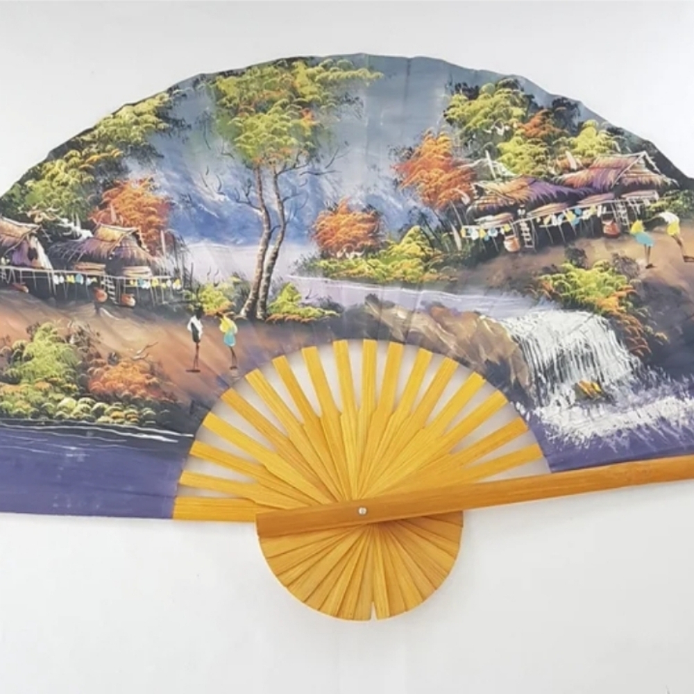 Large Japanese Decorative Wall Fan, 40 inch, Hand Painted Village Mountain Water